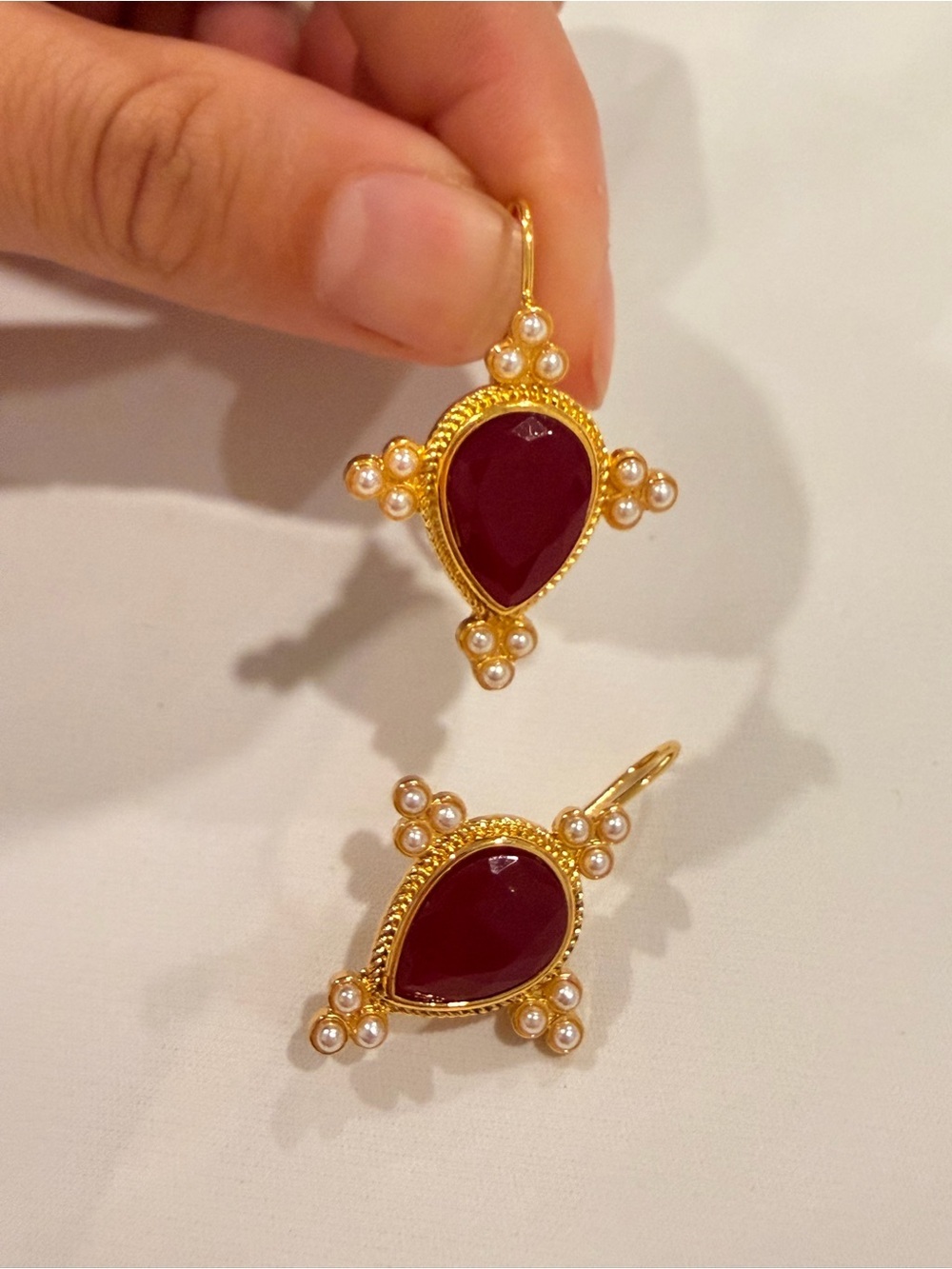 Gold-Tone Earrings with Deep Red Teardrop and Pearl Clusters
